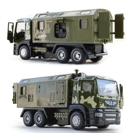 Modelo Diecast Model Cars 1 50 Modelo de carro de transporte militar de transporte militar com som Pull Back Som e Light Diecast Vehicle Truck Toys para criançasj230228