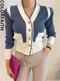 Женские трикотажные футболки Colorfaith, корейская мода, лоскутное шитье, шикарные дикие женские винтажные осенне-зимние вязаные кардиганы, элегантные короткие топы SWC5370 230302
