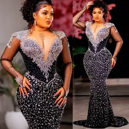 Arabic Aso Ebi Black Mermaid Prom Dresses Crystals Sexy Evening Party Formale Secondo Accogliente Accogliente Abito da fidanzamento Abito ZJ188 407