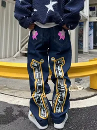 Мужские джинсы мужская буква звезда печати y2k джинсы в американском стиле хип -хоп высокий талия свободные слоистые брюки с прямой модной на молнии тренд 230302