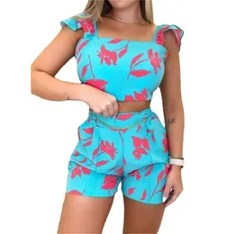 Новые летние женщины с двумя частями брюки SNE0149 Дизайнерская цветочная печать подтяжкой подтяжки жилет и шорты без спины верхние брюки, наборы наборов уличного модного костюма.
