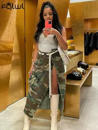 Röcke FQLWL Streetwear Sommer Maxi Denim für Damen Camouflage Lange Jeans Hohe Taille Side Split Asymmetrische Cargo 230302