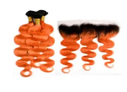 Dark Roots Color Orange 3 Bundles With Lace Frontal Ombre 1B Orange 350 Body Wave Hair Weaves With Ear To Ear Frontal 13x42311400