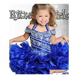 CAR DVR GIRL'S PAGEANT Dresses Cute Royal Blue Cupcake Toddler Kids Girls Ball Ball Gowns Off Shoder Pärled Organza Mini Short Girl For Weddings Dh4fs