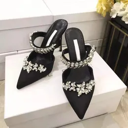 Italy Shoes Fashion Pumps Lurum Black Satin Crystal Abbellito Mules Wedding Party 90mm Heel267U