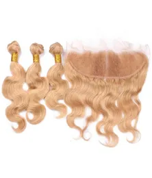 Honey Blonde Virgin Hair 3Bundles With Lace Frontal Closure Brazilian 27 Blonde Body Wave Human Hair Weaves With 134 Frontal4345305