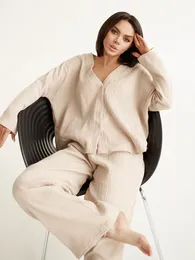 Women's Sleepwear Linad Khaki Pure Cotton Sleepwear V Neck Single Breasted Wide Leg Pants Trouser Suits Drop Sleeves Set Woman 2 Pieces Loungewear 230303