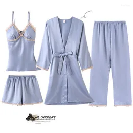 Pijama de seda de seda de roupas de sono feminina de laca 4pcs de pijama de verão feminino strap noty-deco