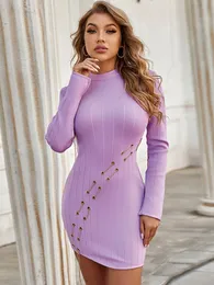 Casual Dresses Adyce 2023 Winter Women Mini Bandage Dress Sexy Long Sleeve Hollow Out Evening Club Clothing Celebrity Party Female Outfit