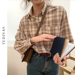 Kadınlar bluz gömlekleri yedinas vintage gömlek kadın Kore tarzı uzun kollu gömlek zarif kadın üstleri ekose bluz kadınlar harajuku blusas ropa de mujer 230303