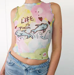 Sheer Crop Top Women's T-Shirt Girls 90s Sleeveless Mesh Tank Top Starfish Dolphin Graphic Print Summer Cami Vest Tee