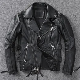 Erkekler Deri Siyah Motosiklet Ceket Erkekler Doğal Orijinal Cowhide İnce Fit Vintage Kahverengi Erkek Biker Racer Ceketler Eğik fermuar S-5XL