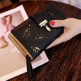 Wallets Women's Hollow Golden Leaf Buckle Wallet Female Long Zipper Coin Purses Ladies Multifunction Card Holder Clutch Money BagL230303