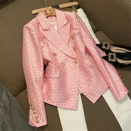 HIGH STREET Designerjacka Dam Rosa Lejonknappar Dubbelknäppt Slimfit Monogram Jacquard Blazer