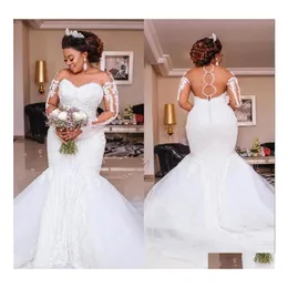 car dvr Mermaid Wedding Dresses African Beading Lace Dressess Luxury Sheer Long Sleeves Appliques Pearls Bridal Gowns Plus Size Vestido De N Dhtfm