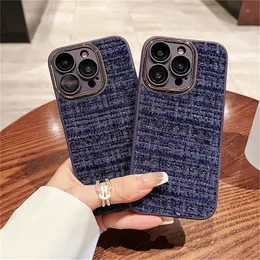 Chic Fabric Cloth Case for iPhone 15 11 Pro Max 12 13 14 Pro Max 14 Plus Grid Metal Camera Protector Winter Embroidery Furry Cover