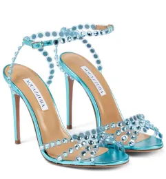 Роскошные дизайнерские обуви летняя бренд женщин Текила сандалии обувь Aquazzuras High Heels Lady Pumps Crystal-embleding the Dridal Wedding Gladiator Lady Shoes 7683