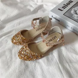 Flat Shoes CUZULLAA Children Princess Leather Girls Sandals High Heel Glitter Shiny Rhinestone Enfants Fille Party Dress 26-35