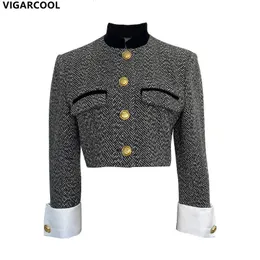 Women s Jackets Retro Fashion Jacket Spring clothing design sense stand up collar equestrian French tweed short Coat Women 230302