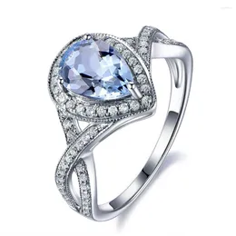 Cluster ringen elegante blauwe topaz kristal aquamarine edelstenen diamanten voor vrouwen witte zilveren kleur argent sieraden bijoux bague geschenken