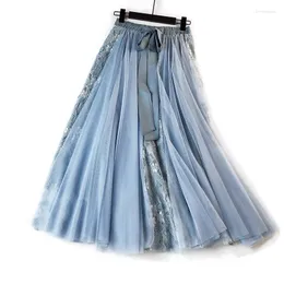 Saias temperamento Tutu Salia feminina cintura elástica Bow Sashes Mesh renda Long Galze Ball vestido de baile