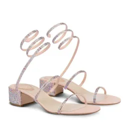 Rene Caovilla Schuhe Cleo elegante Top-Qualität-Sandalen Frauen mit niedrigem Haken mit Glitzer Sohle Caovillas Lady Party Hochzeitskleid Spiralknöchelgurt Crystal Gladiator Tlyll