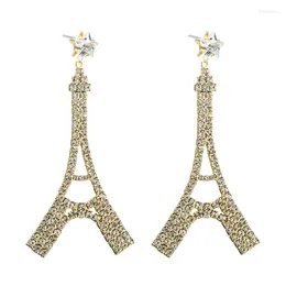 Pendientes colgantes llenos de diamantes de imitación, cristal de gota elegante para mujer, forma de torre de París, circonitas cúbicas de alta calidad, boda nupcial