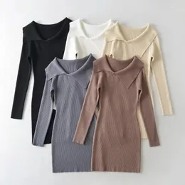Casual Dresses Slim Short Knitted Elastic Dress Autumn Winter 2023 Sexy One Off Shoulder Girl Hip Wrapped Skirt Women Solid Color