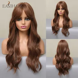 Synthetic Wigs Easihair Wavy Chestnut Brown Synthetic Wigs with Long Bangs Women Natural Hair High Temperature Fiber Heat Resistant 230227