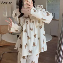 Kadın pijama sevimli pijamalar kadın Japon tatlı oda giymek dantel fırfırlar kawaii ayı baskı 2 adet set bahar sonbahar gündelik pijamalar 230303