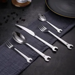 Forks 6pcset Creative Wrench Shape Tea Fork 304 Stainless Steel Dinner Spoon Coffee Cutlery Set Tableware Family Camping 230302