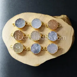 Pendant Necklaces WT- C088Tiny Round Druzy Stone Connector Charms Shiny Sparkly With Gold TrimPendant