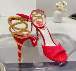 Med Box Brand Renecaovilla Morgana Sandaler skor Kvinnor Gold Crystal Snake Wrapped Waterproof Taiwan Lady High Heels Party Wedding Dress Gladiator