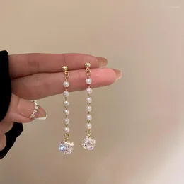 Dingle örhängen japan koreansk elegant zirkoniumkul pendel simulerade pärla pendientes för kvinnor mode smycken parti