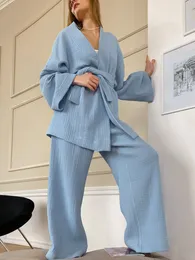 Kvinnors sömnkläder 100% Cotton Women's Nightgown Robe Pyjama Set Flare Nightgown Trouser Suits Drop ärmar Set Woman 2 Piece Bathrobe For Women 230303