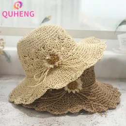 Beanies Beanie/Skull Caps QUHENG Straw Hat Hand-woven Flower Woman Summer Holiday Seaside Beach Foldable Sun Z194