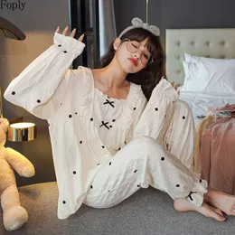 Women's Sleepwear 100% Cotton Sleepwear Print Dot Woman Pajamas for Women Long Pants Long Sleeved Spring Autumn Loungewear Home Clothing Homewear 230303