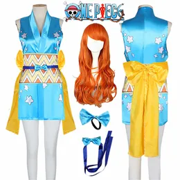 Anime kostymer anime one wano country piece nami cosplay come wanokuni stil nami kimono klänning outfit kvinnor halloween carnival come wig z0301