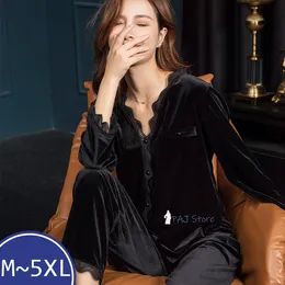 Indumenti da notte da donna invernali 4XL 5XL Pigiama di velluto da donna in pizzo nero Camicia da notte calda Indumenti da notte Camicia da notte grande Camicia da notte calda sexy Vestiti pigiama Pigiama 230303