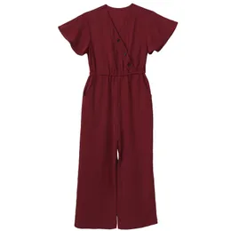 Overalls für Kinder, Mädchen, lässig, einfarbig, V-Ausschnitt, Flatterärmel, hohe Taille, weites Bein, lange Hosen, Overall-Outfit, Sommerkleidung für Mädchen