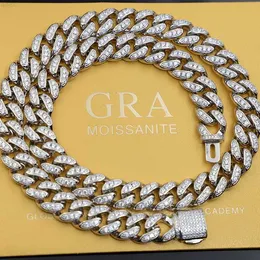 Fashion Design 925 Silver Single Row 12mm Wide Moissanite Diamond Necklace Cuban Link Mens Rapper Chain