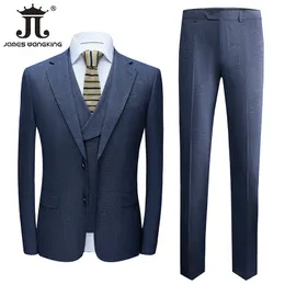 Ternos masculinos Blazers Jaqueta Ponta de colete masculino Men's Suits 3 peças Groom Blue Plaid Vesti