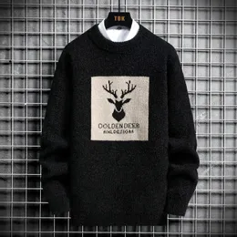Men s tröjor Autumn Vintage Overdized Mens Sticked Men Deer Print Pullover Hip Hop Harajuku White vadderad Velvet 230302