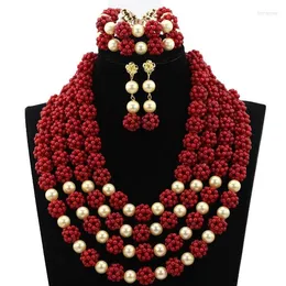 Necklace Earrings Set Gorgeous Wine Red African Coral Beads Nigerian Wedding Bridal Jewelry 2023 Handmade HX538