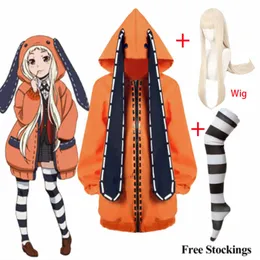 Anime kostümleri anime kakegurui cosplay rune yomozuki cosplay kızlar için gel kadın runa turuncu kapşonlu zip ceket ceket peruk çorap tam set z0301
