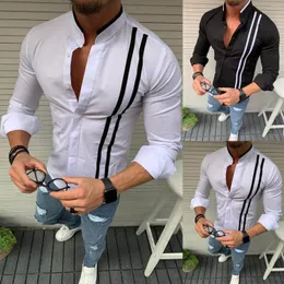 Men's T Shirts Men's Slim Striped Stitching Casual Long-sleeved Stand-up Collar Shirt Party European American Style 3D Print Camisa