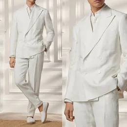 Eleglant White Linen Men Men Wedding Tuxedo Double Breaded Peeded Fraiting for Business Party تشكل قطعتين وسروالين