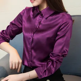 Blusas femininas Camisas Stinlicher Cetim Camisa de Seda Mulheres Outono Manga Longa Elegante Trabalho Desgaste Tops Coreano Moda Roxo Verde Azul Blusa Camisa 230303