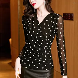 Women's Blouses Korean Fashion Polk Dot Mesh Blouse Women Long Sleeve V-Neck Vintage Tops Bottoming Shirt Blusa Mujer De 2023