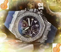 Orologi da uomo famosi con cronometro di qualità di prima classe Anello con diamanti Orologio completamente funzionale Cintura in gomma in acciaio inossidabile Calendario al quarzo Orologio con lunetta arcobaleno prezzo più basso